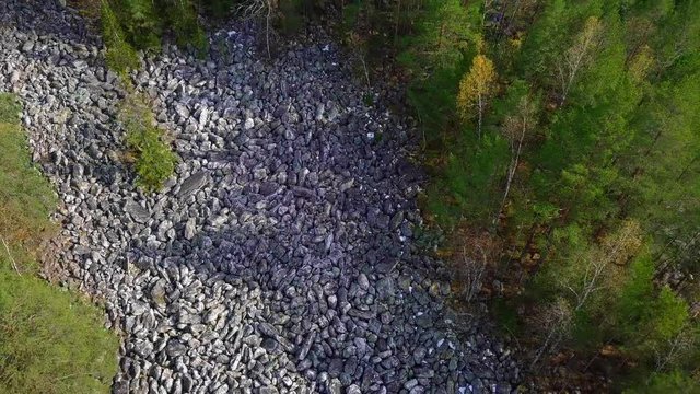 Taganay National Park in Russia in Autumn. Aerial View of "Big Stone River", Biggest Deposit Occurrence of Aventurine Quartz
