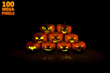 pile of 9 different carved pumpkins with fire light inside, halloween concept - 100 megapixels 3D illustration of objects