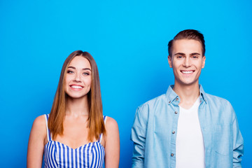 Close-up portrait of his he her she two nice attractive lovely cute charming cheerful cheery people isolated over bright vivid shine vibrant blue turquoise color background