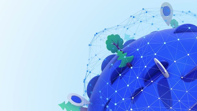 3d animation of Concept of landmark dots, continent, atlas, journey, trip, coverage, discovery, guide. Simple 3d globe with pins and trees. Some space for a text. Loopable.