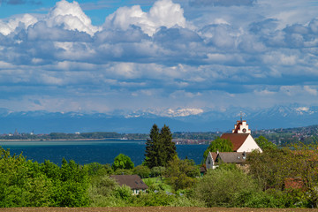 In the spring month of May on the western shore of Lake Constance with a view of the city of Konstanz and the Swiss Alps in the background.