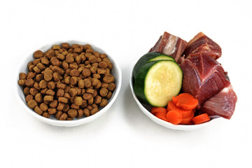 Concept for different dog feeding methods with bowl with dry food kibbles and bowl with chunk of raw meat and vegetables next to each other isolated on white background