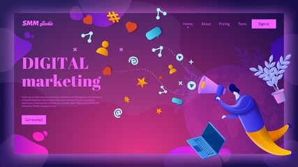 Digital marketing vector landing page header template.. A man with a big mouthpiece engages in brand promotion on social networks.