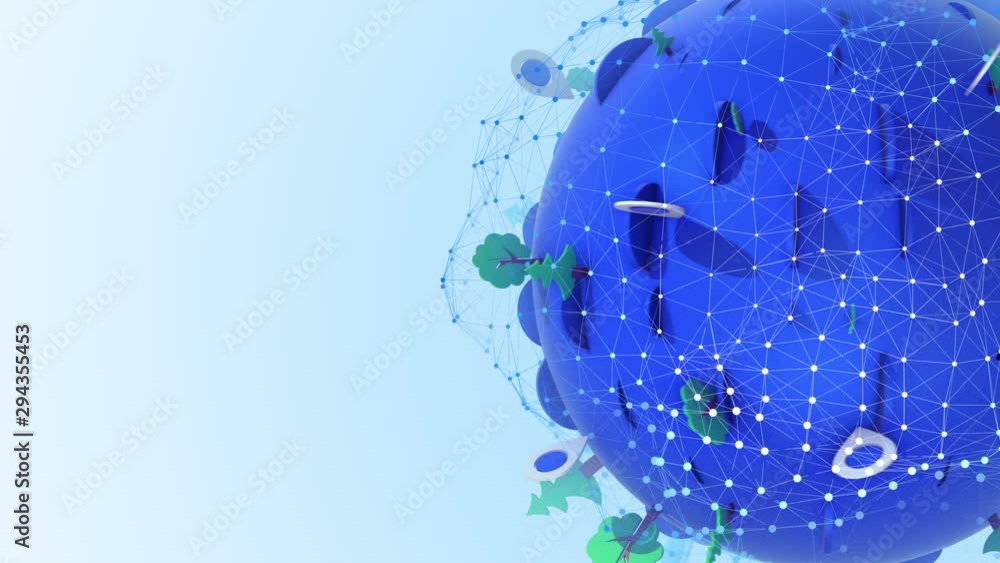 Poster 3d simple world globe in rotate motion with pointer marks, trees and space for a custom text. seamle