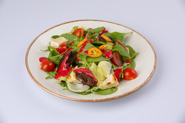 delicious looking tossed chefs salad or antipasto with meat, Camembert cheese and tomato.