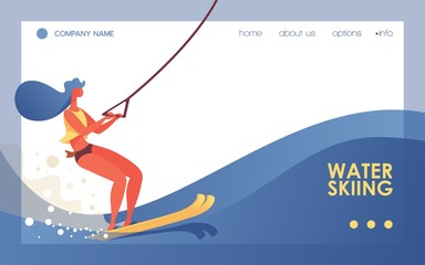 Vector concept sport banner or landing page template good for extreme sport web page or header of water skiing tour. Illustration drawn with young healthy woman riding skies on blue water