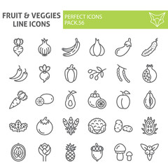 Fruits and vegetables line icon set, food symbols collection, vector sketches, logo illustrations, grocery signs linear pictograms package isolated on white background.