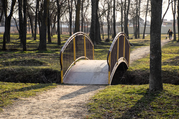 Iron bridge over a ditch in park. The arcuate bridge.