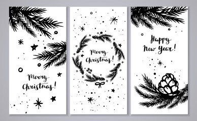 Merry Christmas and Happy New Year card set. Black and white hand drawn fir branches and wreath