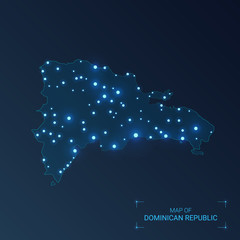 Dominican Republic map with cities. Luminous dots - neon lights on dark background. Vector illustration.