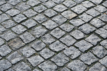 Stone pavement pattern with grass between units, Porto, Portugal