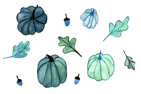 set of watercolor pumpkins and fall leaves