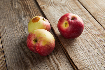 farmers apples with rotten spot on brown wooden surface