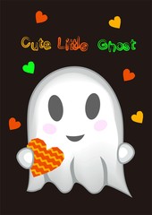 Vector illustration with cute ghost. Poster for Halloween. Hand lettering "Cute Little Ghost". Template for cards, paper, wallpaper, textile and other uses.