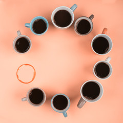 Coffee in the different cups on the pink background. Flatlay, cheerful day concept