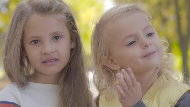 Close-up portrait of two pretty little caucasian sisters standing in the autumn park and smiling. Beautiful smiling girls spending day together outdoors.