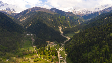 Racha is one of the mountain regions of Georgia. The valley of the river Rioni, near the village of Shovi. Caucasus Mountains. Spring 2019