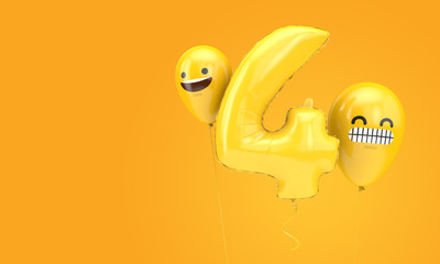 Number 4 birthday ballloon with emoji faces balloons. 3D Render
