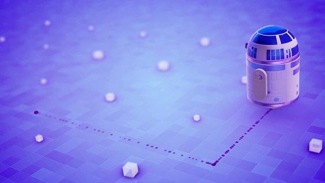 3d Droids leave traces on a checkered floor. Artificial intelligence concept. Seamless loop.
