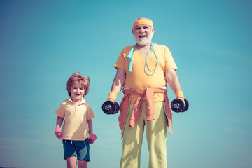 Motivation and sport example concept. I love sport. Athletic family with dumbbells. Sports coach...