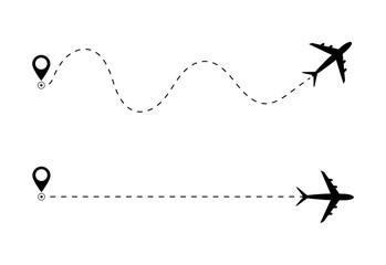 Airplane line path icon of air plane flight route. Airplane travel concept, symbol on isolated background. Flat black airplane flying and leave a black dashed trace line. vector