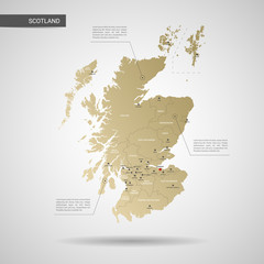 Stylized vector Scotland map.  Infographic 3d gold map illustration with cities, borders, capital, administrative divisions and pointer marks, shadow; gradient background.