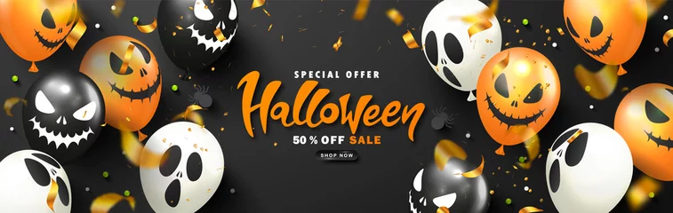 Schilderijen op glas Halloween Sale Promotion Poster with scary balloons,spiders, candy and flying serpentine.Vector illustration for website , posters, ads, coupons, promotional material,invitation, postcard © Liliya