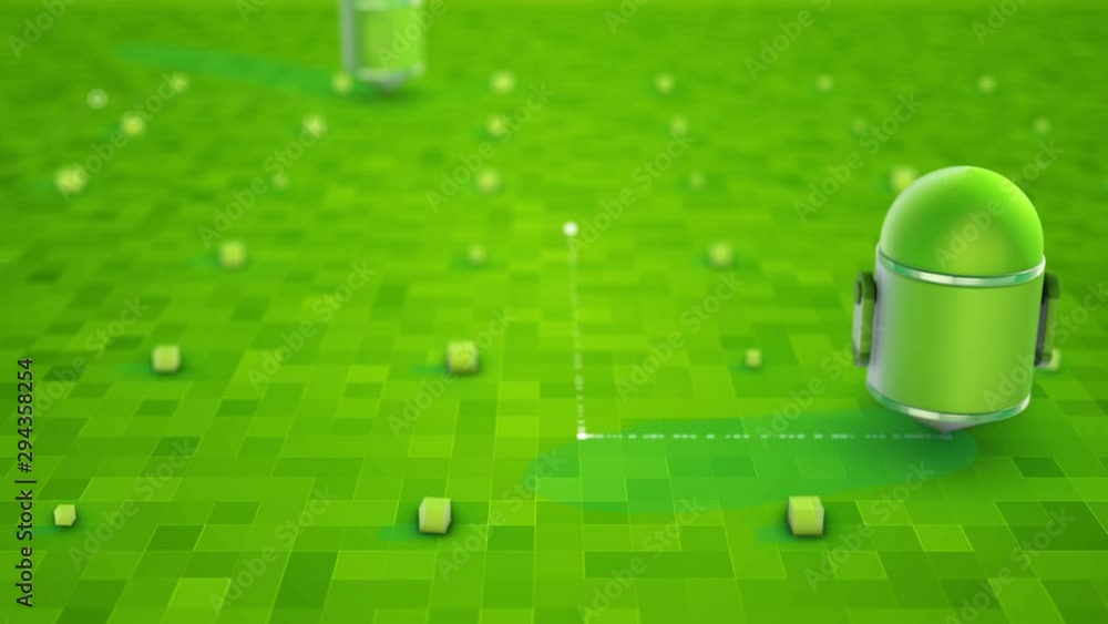 Poster 3d robot moves and leaves traces on a green floor. artificial intelligence concept. seamless loop.