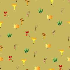 Autumn vector seamless pattern with berries, acorns, pine cone, mushrooms, branches and leaves.