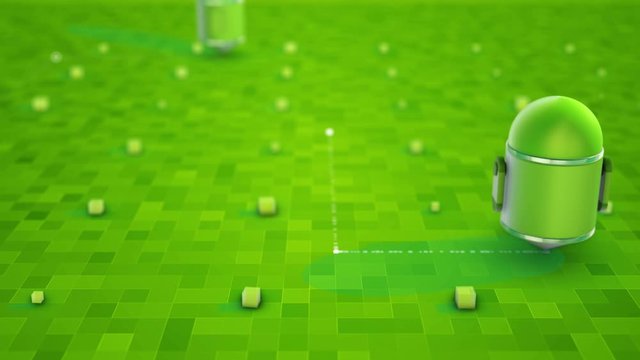 3D robot moves and leaves traces on a green floor. Artificial intelligence concept. Seamless loop.