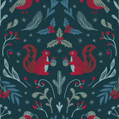 Cute seamless Christmas pattern with squirrels, bullfinches and winter flora. Vector.