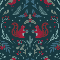 Obraz premium Cute seamless Christmas pattern with squirrels, bullfinches and winter flora. Vector.