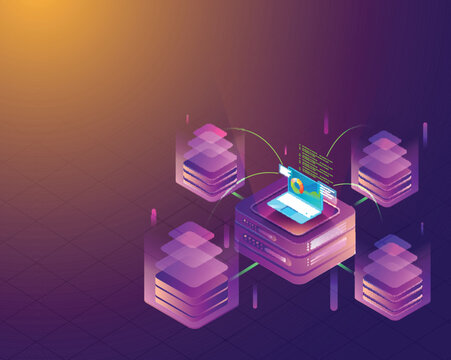 Isometric illustration of laptop connected with four servers data for Data Center concept.