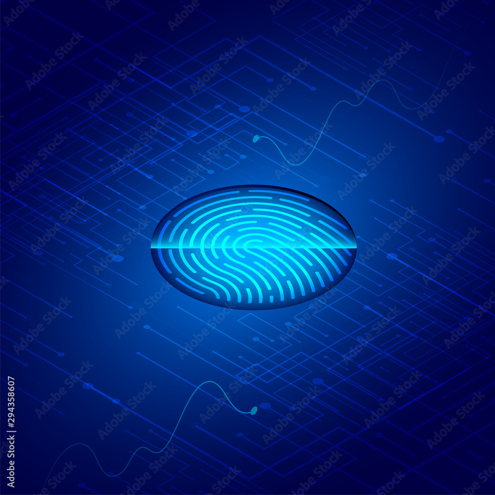 Poster futuristic security and technology concept, biometric identity and approval with fingerprint scanner