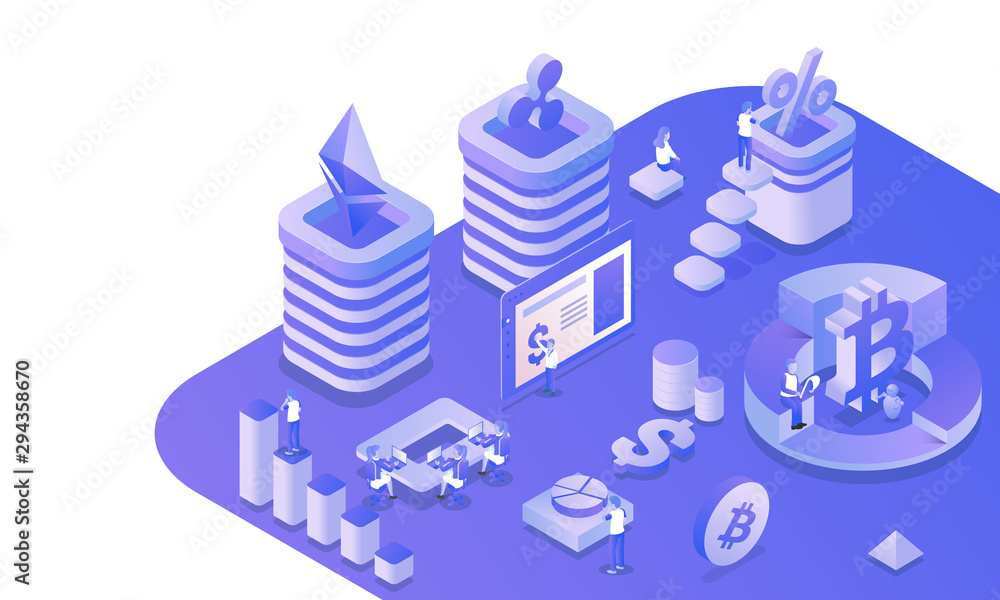 Poster 3d isometric virtual currency exchange platform with illustration of working people execute the data