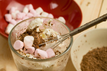 Hot chocolate with marshmallow and chocolate ingredients