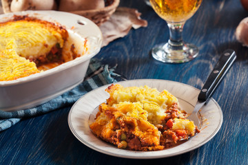 Portion of shepherd's pie or cottage pie on a plate