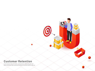 Man holding megaphone for advertisement, magnet attracts buyers on grid background for Customer Retention concept based isometric design.