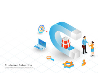 Customer Retention concept based responsive landing page design, magnet attracts buyers with best offers, miniature business people standing on grid background.