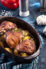 Roasted chicken thighs and potatoes