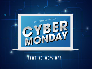 Cyber Monday lettering on laptop screen with 30-80% discount offer on abstract blue background.