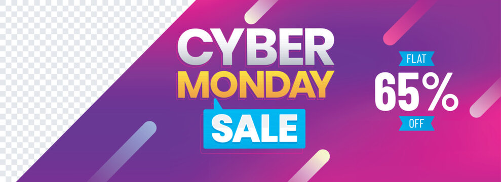 Cyber Monday Sale header or banner design with 65% discount offer on shiny purple background with space for your product image.