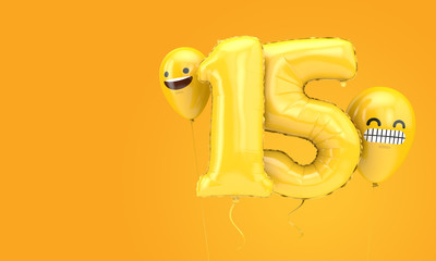 Number 15 birthday ballloon with emoji faces balloons. 3D Render