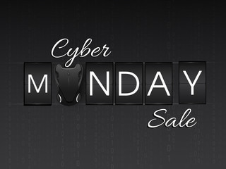 Stylish lettering of Cyber Monday Sale with wireless mouse on black matrix coding background.