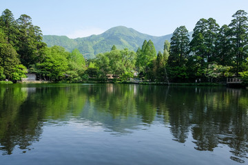 Fototapeta na wymiar Landscape of The Kinrin Lake with surrounded by trees in Background and water reflection, onsen town, Yufuin, Oita, Kyushu, Japan.