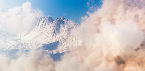 Aerial view of morning moutain landscape with clouds in forereground and background. 3d rendering.