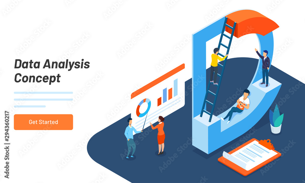 Poster website template design with 3d letter d, people analysis the data, data analysis platform concept.