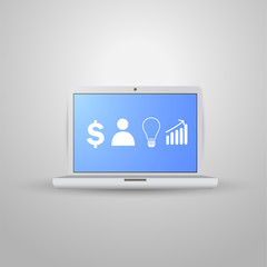 Realistic laptop with icons on the screen.