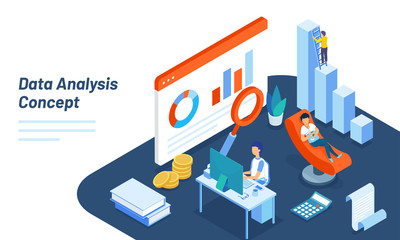 Financial growth or analysis concept based web template design with isometric illustration of analyst analysis the data with business equipments.
