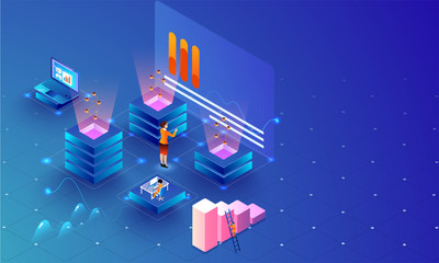 Big Data Analysis concept, business woman maintain data servers or analysis stats on shiny blue background, isometric design for web template.